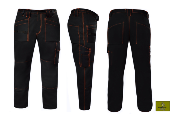  S34 - Spodnie robocze  z bardzo dużą ilością kieszeni, czarne, z ozdobnymi naszyciami w kolorze pomarańczowym FLUO.